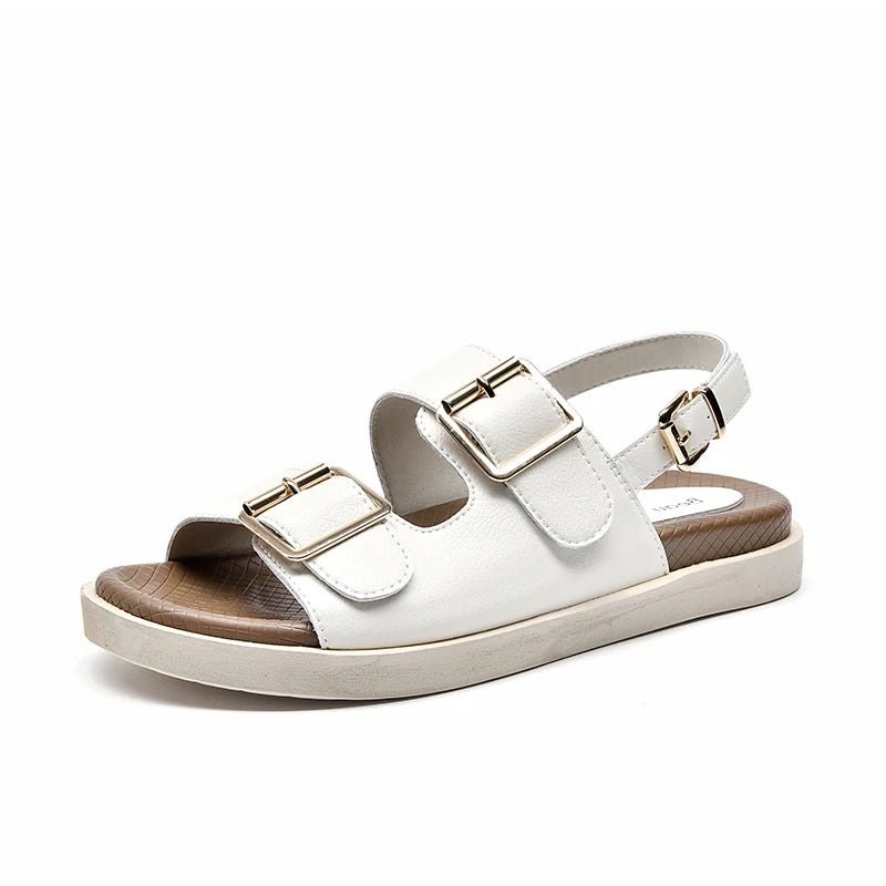 BeauToday Casual Sandals Women Genuine Leather Metal Ankle Buckle Strap Summer Beach Ladies Low Heel Sport Shoes Handmade 38128 Buyfinity