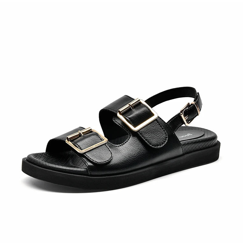 BeauToday Casual Sandals Women Genuine Leather Metal Ankle Buckle Strap Summer Beach Ladies Low Heel Sport Shoes Handmade 38128 Buyfinity
