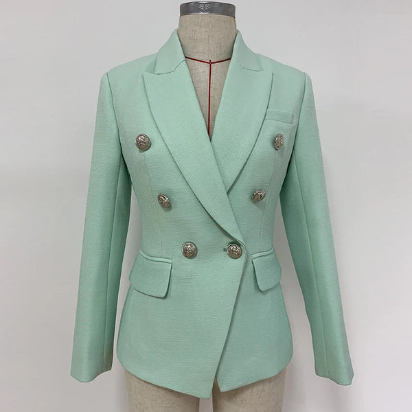 HIGH STREET 2024 Classic Baroque Designer Jacket Women's Metal Lion Buttons Double Breasted Textured Blazer Mint Green Buyfinity