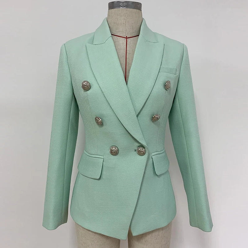 HIGH STREET 2024 Classic Baroque Designer Jacket Women's Metal Lion Buttons Double Breasted Textured Blazer Mint Green Buyfinity