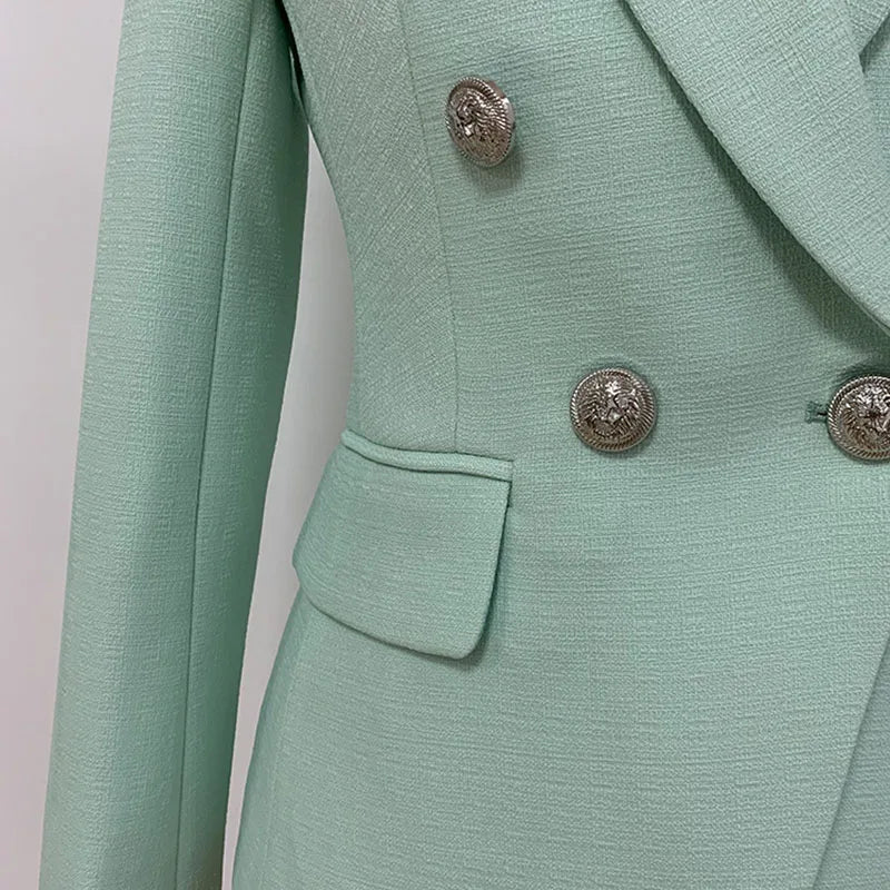 HIGH STREET 2024 Classic Baroque Designer Jacket Women's Metal Lion Buttons Double Breasted Textured Blazer Mint Green Buyfinity