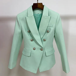 HIGH STREET 2024 Classic Baroque Designer Jacket Women's Metal Lion Buttons Double Breasted Textured Blazer Mint Green Buyfinity