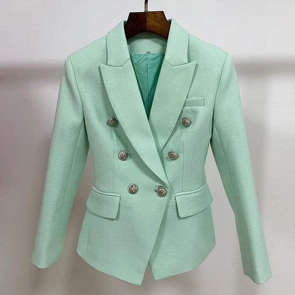 HIGH STREET 2024 Classic Baroque Designer Jacket Women's Metal Lion Buttons Double Breasted Textured Blazer Mint Green Buyfinity