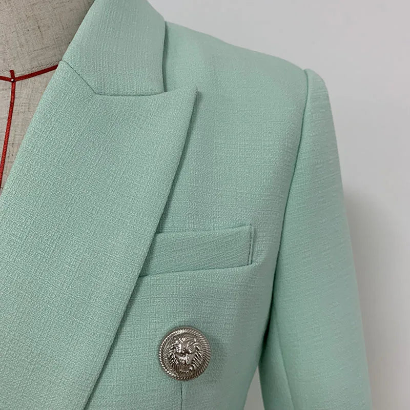 HIGH STREET 2024 Classic Baroque Designer Jacket Women's Metal Lion Buttons Double Breasted Textured Blazer Mint Green Buyfinity