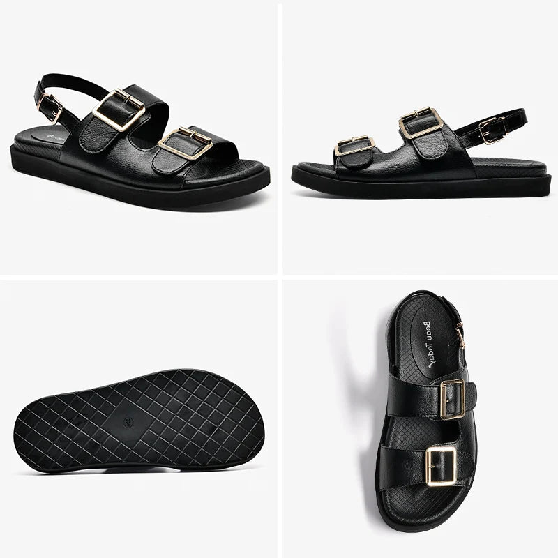 BeauToday Casual Sandals Women Genuine Leather Metal Ankle Buckle Strap Summer Beach Ladies Low Heel Sport Shoes Handmade 38128 Buyfinity