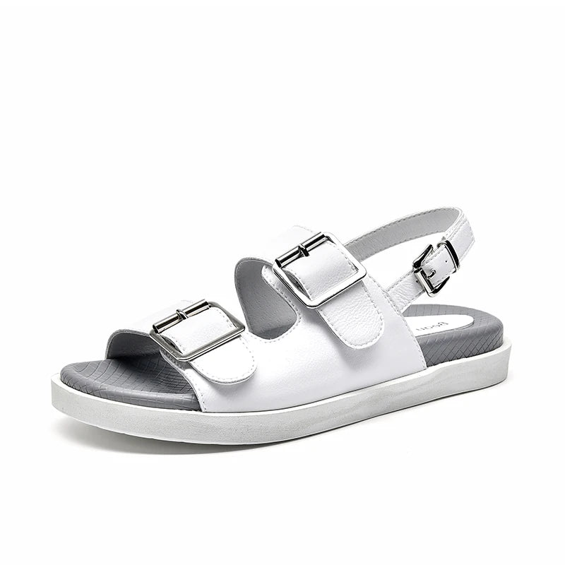 BeauToday Casual Sandals Women Genuine Leather Metal Ankle Buckle Strap Summer Beach Ladies Low Heel Sport Shoes Handmade 38128 Buyfinity