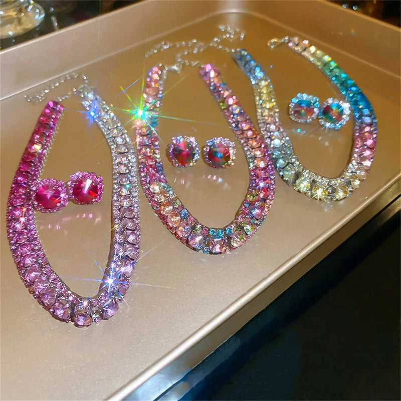 Luxury Crystal Necklace Earrings Set Pink ABcolourful Necklace for Women Weddings Party Jewelry Sets Accessories Buyfinity