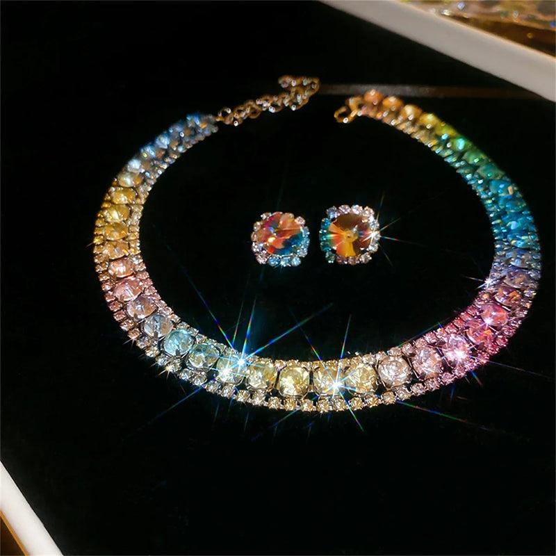 Luxury Crystal Necklace Earrings Set Pink ABcolourful Necklace for Women Weddings Party Jewelry Sets Accessories Buyfinity