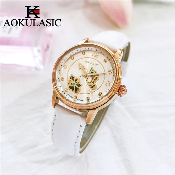 AOKULASIC Lady Luminous Automatic Watch Female Diamond Wristwatch Leather Waterproof Women Mechanical Watches Clock Reloj Mujer Buyfinity
