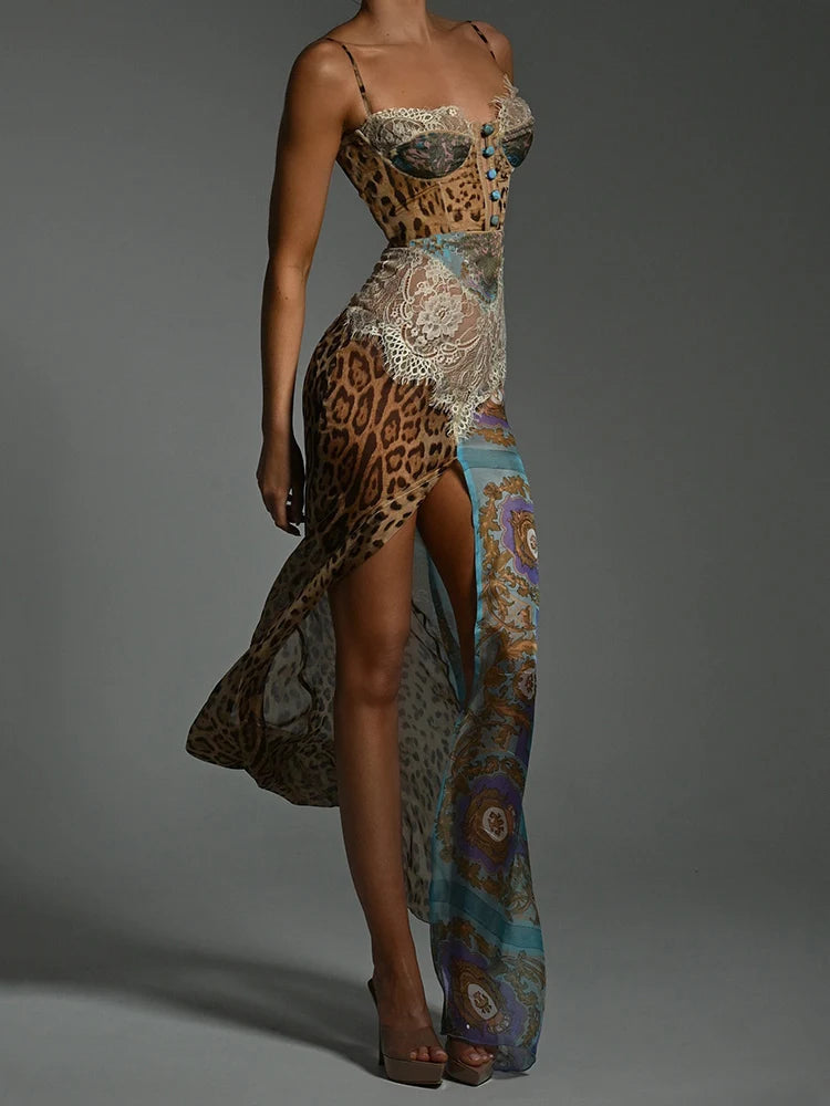 Mozision Leopard Print Lace Split Sexy Maxi Dress Women Gown Elegant Patchwork Chiffon Sleeveless Backless Beach Evening Dress Buyfinity