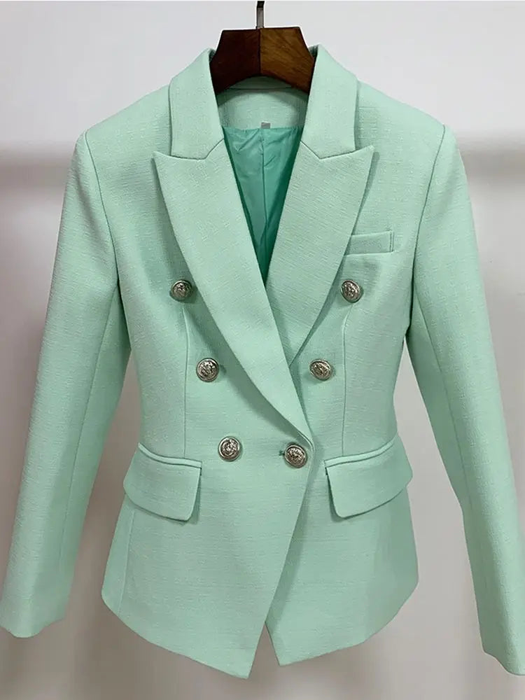 HIGH STREET 2024 Classic Baroque Designer Jacket Women's Metal Lion Buttons Double Breasted Textured Blazer Mint Green Buyfinity