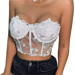 Xingqing Lace Corset Tops Sexy Clothes See Through Flower Strapless Transparent Tank Cropped Tee Party Wear Womens Clothing Buyfinity