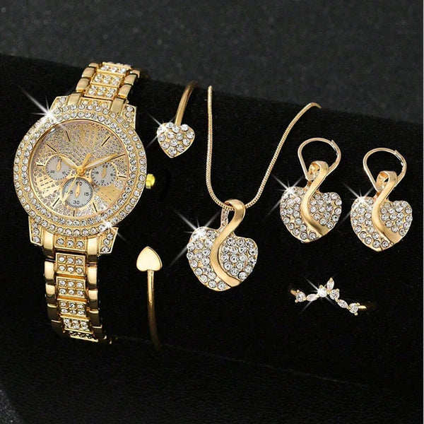 Women's Quartz Watch Gold Luxury Women Ring Necklace Earring Rhinestone Fashion Wristwatch Casual Ladies Watches Jewelry Set ﻿ Buyfinity