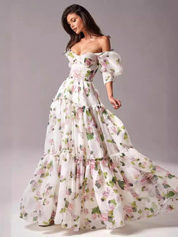 Elegant Floral Print Evening Party Dresses Women Charming A-line Off Shoulder Boat Neck Loose Short Sleeve Prom Gowns Robe Dress Buyfinity