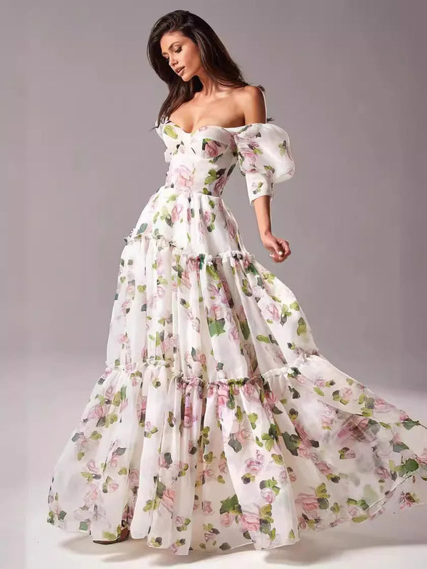 Elegant Floral Print Evening Party Dresses Women Charming A-line Off Shoulder Boat Neck Loose Short Sleeve Prom Gowns Robe Dress Buyfinity