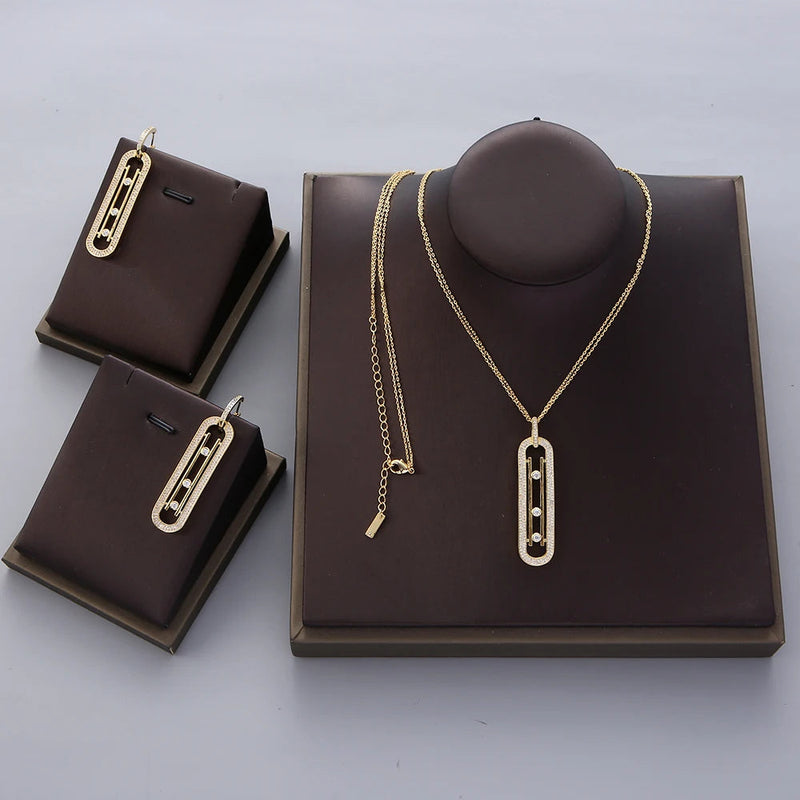 Luxury Geometry Double Long Chain Stackable Pendant Necklace Earring Ring Set  Full Cubic Zircon Charm Women Jewelry Gift EH604 Buyfinity