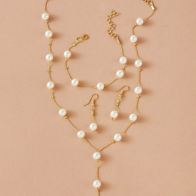 A Fashionable, Sweet, Elegant Pearl, Simple and Refined Necklace, Earrings and Bracelet Set Buyfinity