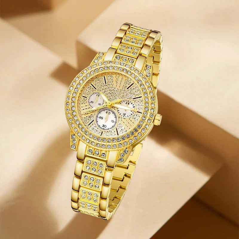 Women's Quartz Watch Gold Luxury Women Ring Necklace Earring Rhinestone Fashion Wristwatch Casual Ladies Watches Jewelry Set ﻿ Buyfinity