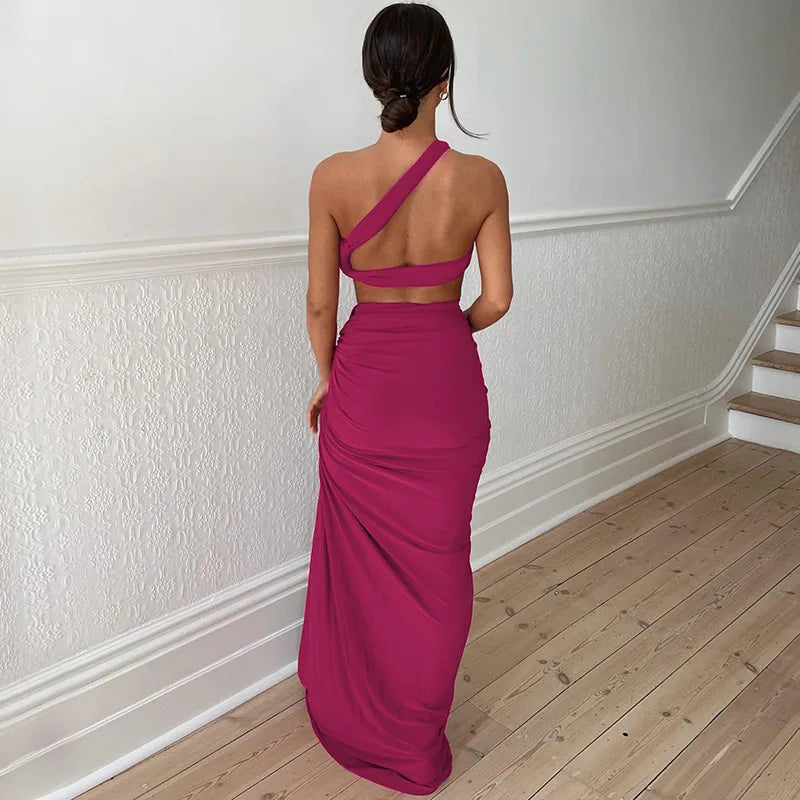 Women Summer 2 Pieces Outfits Solid Color Oblique Shoulder Sleeveless Sexy Tops Wrapped Hip High Waist Slit Long Skirts Sets Buyfinity