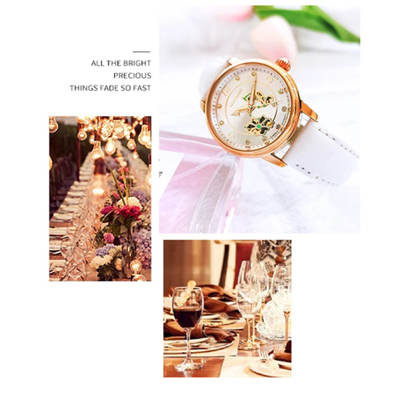AOKULASIC Lady Luminous Automatic Watch Female Diamond Wristwatch Leather Waterproof Women Mechanical Watches Clock Reloj Mujer Buyfinity