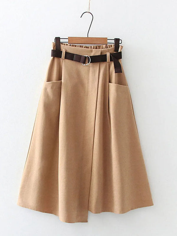 Women Casual Skirts Spring Autumn Solid High Waist Irregular Pockets Midi Skirts Fashion Simple Elegant Saia Faldas Buyfinity