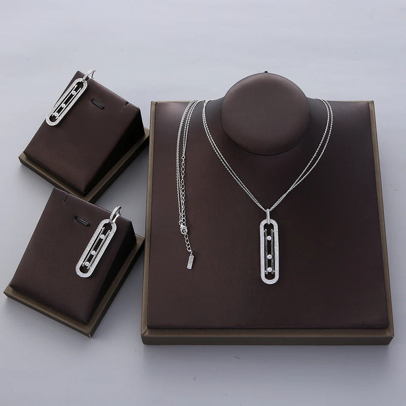 Luxury Geometry Double Long Chain Stackable Pendant Necklace Earring Ring Set  Full Cubic Zircon Charm Women Jewelry Gift EH604 Buyfinity