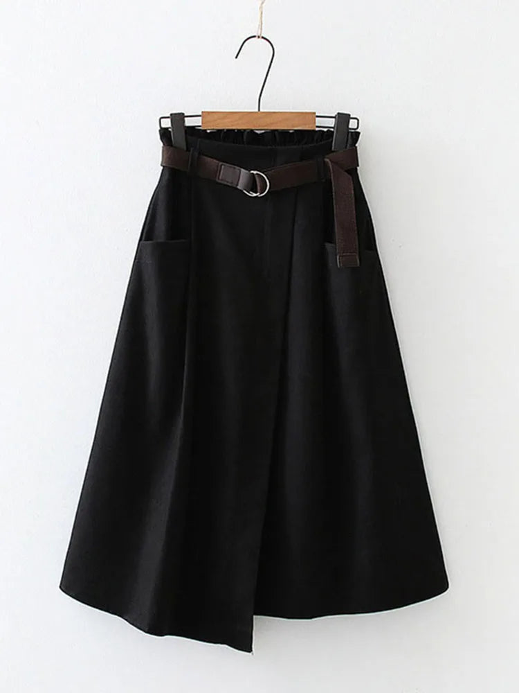 Women Casual Skirts Spring Autumn Solid High Waist Irregular Pockets Midi Skirts Fashion Simple Elegant Saia Faldas Buyfinity