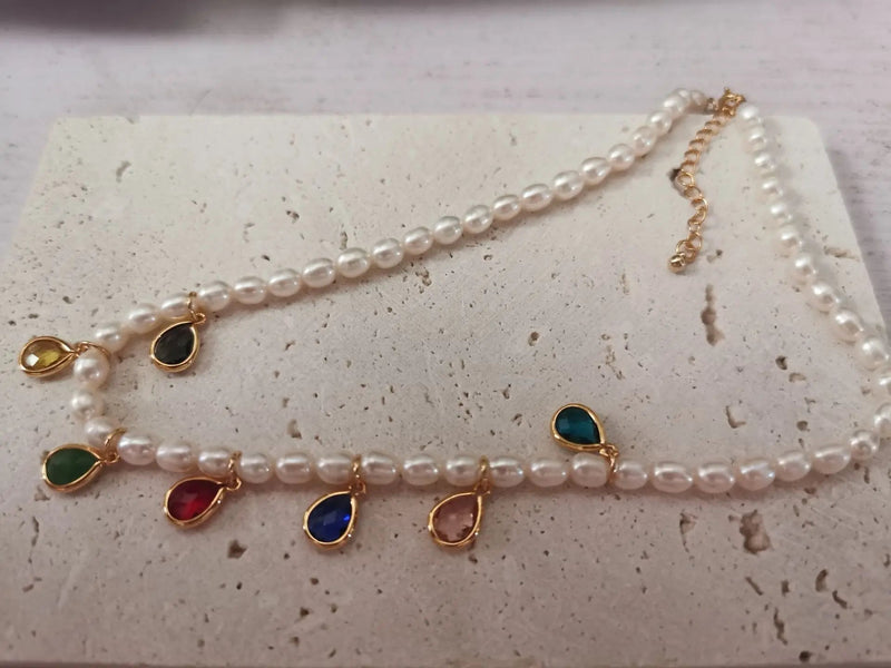Colorful Zirconia Beads Natural Real Pearl Necklace Women Jewelry Party Designer T Show Runway Gown Japan Korean Buyfinity