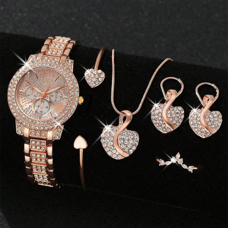 Women's Quartz Watch Gold Luxury Women Ring Necklace Earring Rhinestone Fashion Wristwatch Casual Ladies Watches Jewelry Set ﻿ Buyfinity