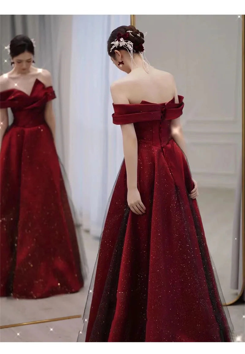 Women Summer Satin Toasting Gown Bride's High-end Feeling, Light Wedding Dress, Red One Shoulder Engagement, Thank-you Banquet Buyfinity