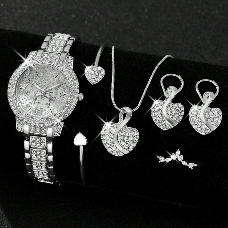 Women's Quartz Watch Gold Luxury Women Ring Necklace Earring Rhinestone Fashion Wristwatch Casual Ladies Watches Jewelry Set ﻿ Buyfinity