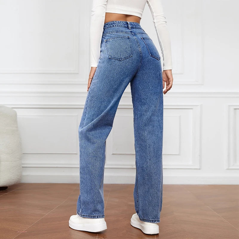 Women Simple Versatile Straight Jeans 2025 New Casual Loose High Waist Washed Denim Street Fashion Button Pocket Long Pants Buyfinity