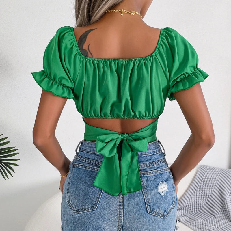Women Casual Short Sleeve Square Collar Crop Top Summer Chiffon Blouse 2023 Buyfinity