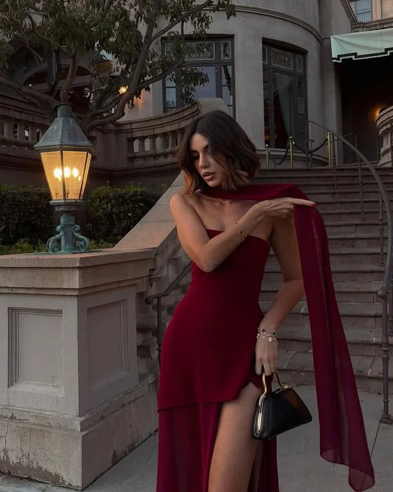 White Mesh Scarf Neck Strapless Long Dress Fashion Off Shoulder Sleeveless High Waist Slim Split Robe Lady Party Beach Gown 2025 Buyfinity