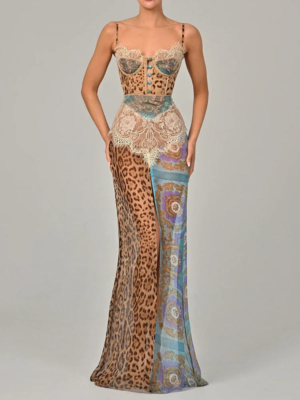 Mozision Leopard Print Lace Split Sexy Maxi Dress Women Gown Elegant Patchwork Chiffon Sleeveless Backless Beach Evening Dress Buyfinity