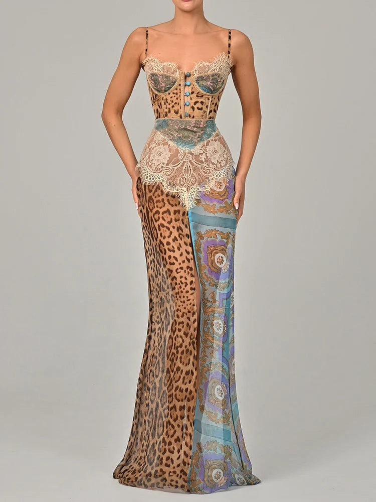 Mozision Leopard Print Lace Split Sexy Maxi Dress Women Gown Elegant Patchwork Chiffon Sleeveless Backless Beach Evening Dress Buyfinity