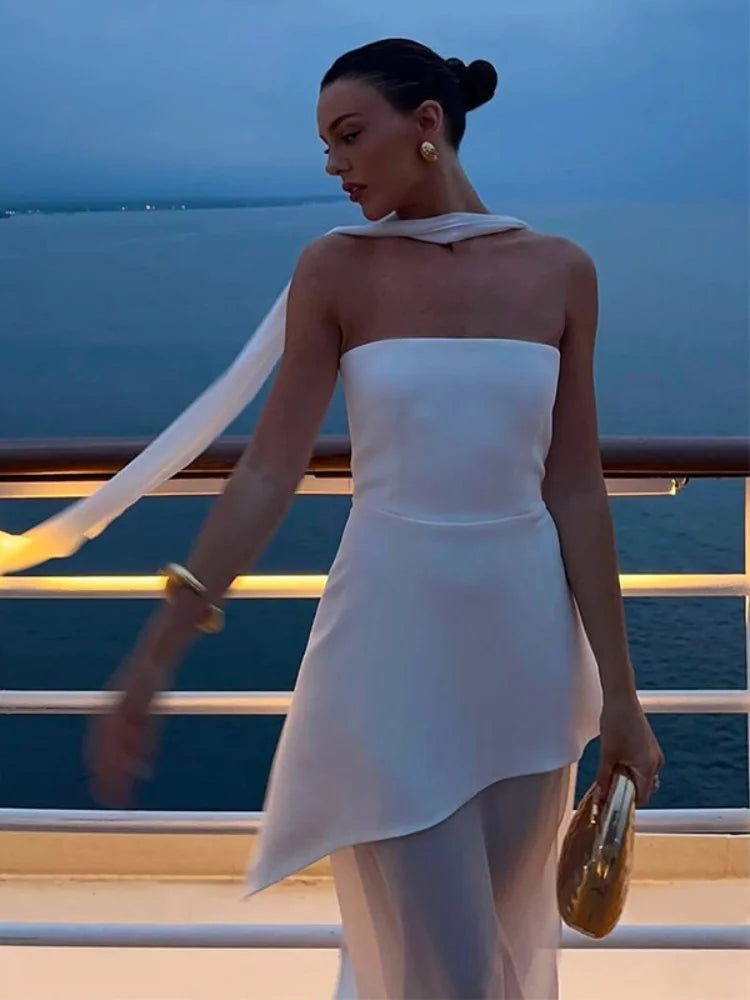 White Mesh Scarf Neck Strapless Long Dress Fashion Off Shoulder Sleeveless High Waist Slim Split Robe Lady Party Beach Gown 2025 Buyfinity
