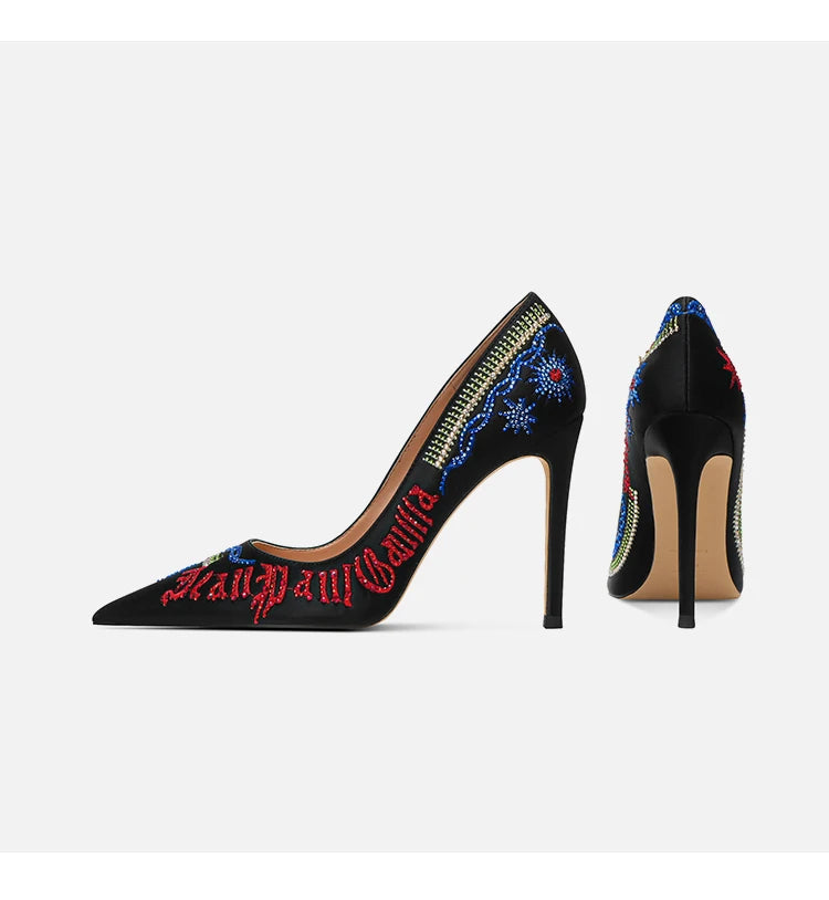Embroidered high heels, women's new slim heel, niche design, mandarin duck shoes, rhinestone pointed dress, banquet single shoes Buyfinity