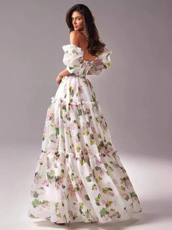Elegant Floral Print Evening Party Dresses Women Charming A-line Off Shoulder Boat Neck Loose Short Sleeve Prom Gowns Robe Dress Buyfinity