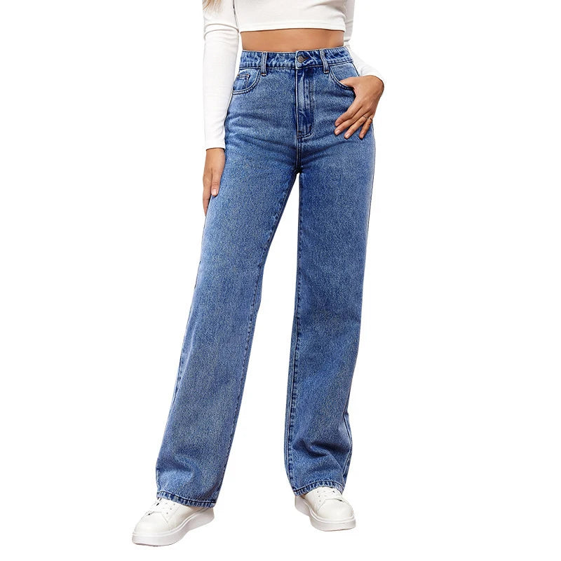 Women Simple Versatile Straight Jeans 2025 New Casual Loose High Waist Washed Denim Street Fashion Button Pocket Long Pants Buyfinity