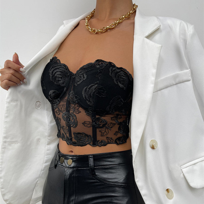 Xingqing Lace Corset Tops Sexy Clothes See Through Flower Strapless Transparent Tank Cropped Tee Party Wear Womens Clothing Buyfinity