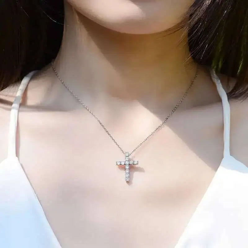 Full Moissanite Cross Pendant Original Sterg Sliver Chain Plated White Gold Fine Necklace For Women Jewelry Buyfinity