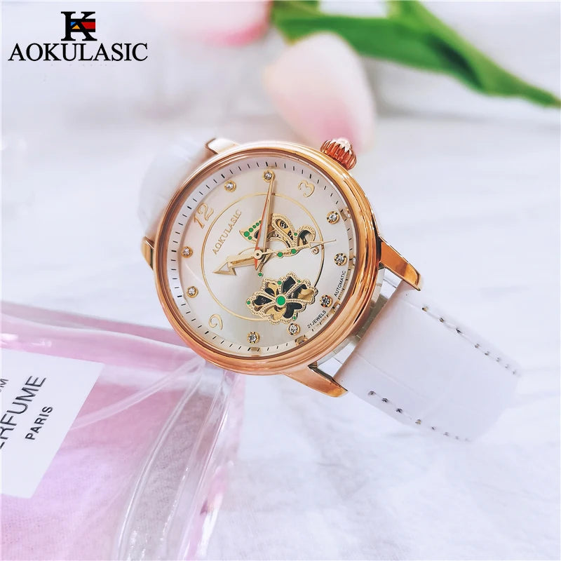 AOKULASIC Lady Luminous Automatic Watch Female Diamond Wristwatch Leather Waterproof Women Mechanical Watches Clock Reloj Mujer Buyfinity