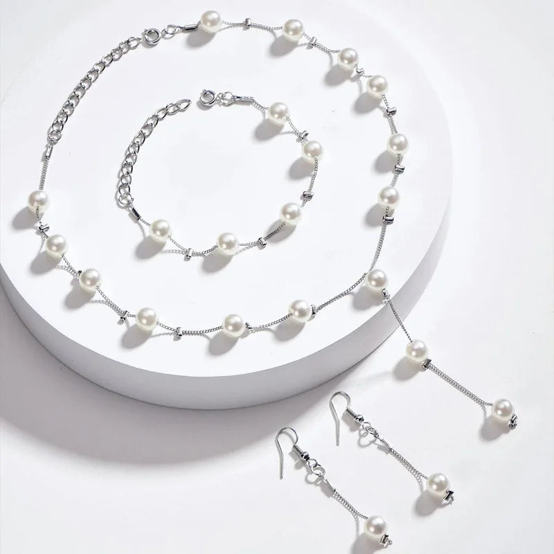 A Fashionable, Sweet, Elegant Pearl, Simple and Refined Necklace, Earrings and Bracelet Set Buyfinity