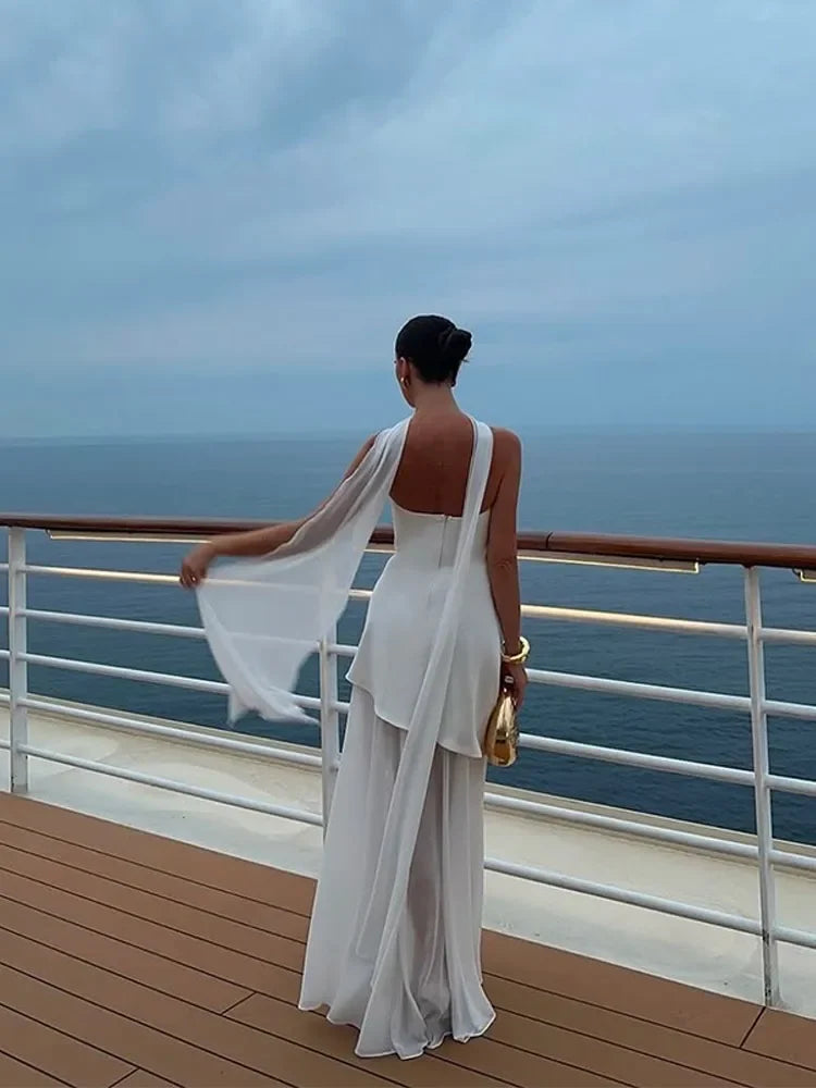 White Mesh Scarf Neck Strapless Long Dress Fashion Off Shoulder Sleeveless High Waist Slim Split Robe Lady Party Beach Gown 2025 Buyfinity