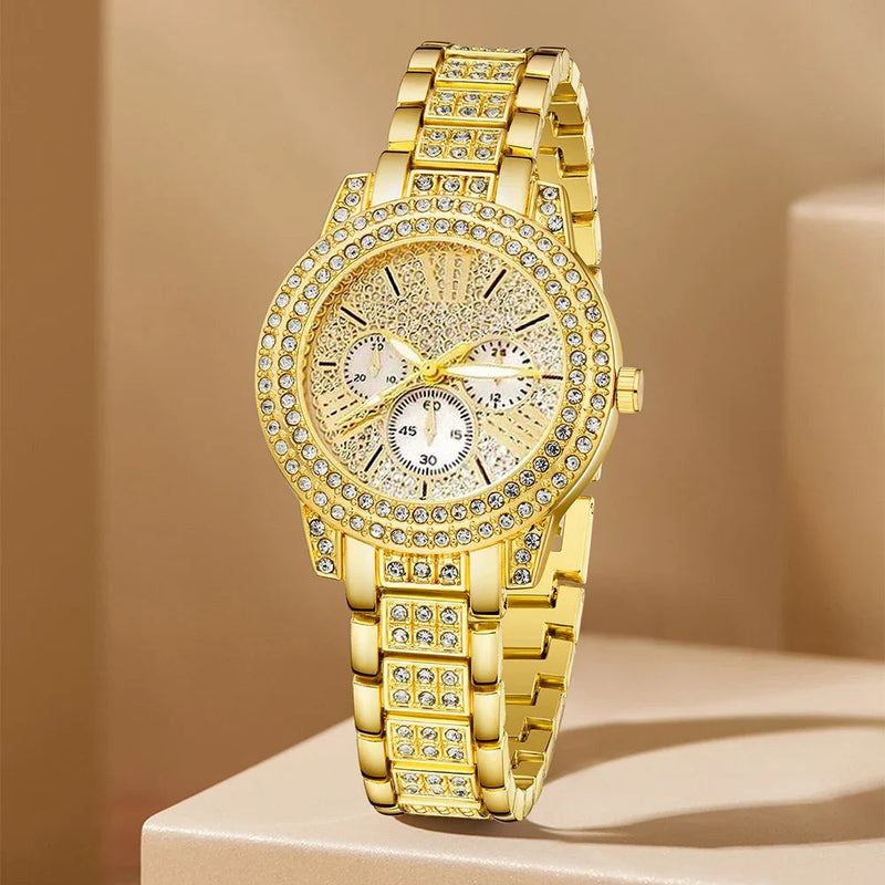Women's Quartz Watch Gold Luxury Women Ring Necklace Earring Rhinestone Fashion Wristwatch Casual Ladies Watches Jewelry Set ﻿ Buyfinity