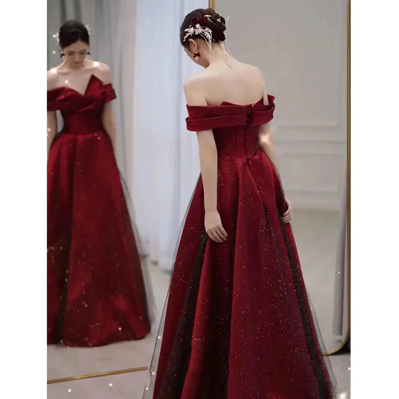 Women Summer Satin Toasting Gown Bride's High-end Feeling, Light Wedding Dress, Red One Shoulder Engagement, Thank-you Banquet Buyfinity