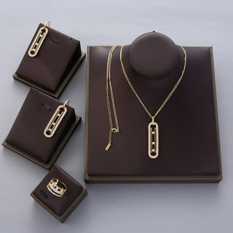 Luxury Geometry Double Long Chain Stackable Pendant Necklace Earring Ring Set  Full Cubic Zircon Charm Women Jewelry Gift EH604 Buyfinity