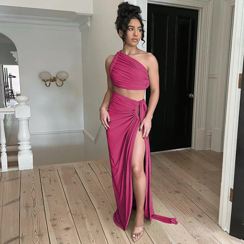 Women Summer 2 Pieces Outfits Solid Color Oblique Shoulder Sleeveless Sexy Tops Wrapped Hip High Waist Slit Long Skirts Sets Buyfinity