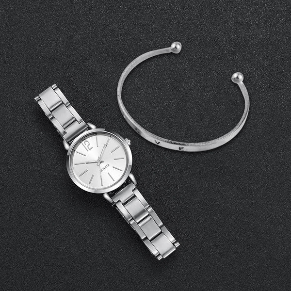 Fashion Women Elagant Watch Casual Simple Steel Strap Quartz Watch Love Bracelet 2PCs Set Temperament Wearing Style Buyfinity